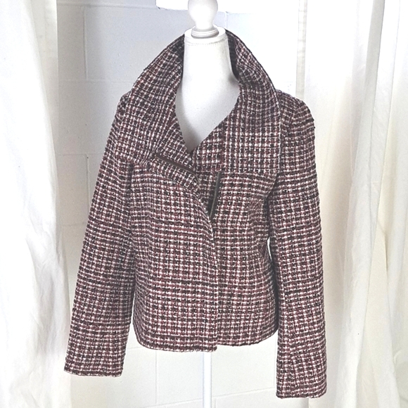 Talbots plaid tweed asymetrical Zip biker moto jacket sz12 szL - Picture 1 of 14